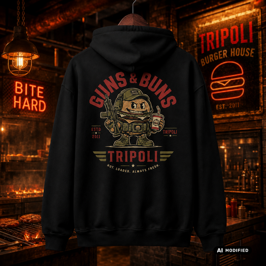 EU AI label - "Guns & Buns Tripoli" Premium Hoodie
