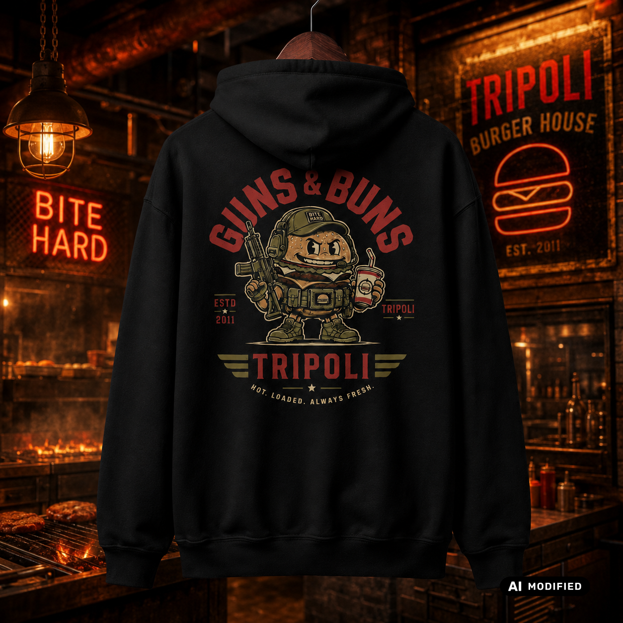 EU AI label - "Guns & Buns Tripoli"  Premium Hoodie