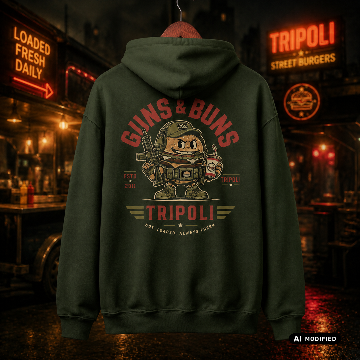 EU AI label - "Guns & Buns Tripoli"  Premium Hoodie