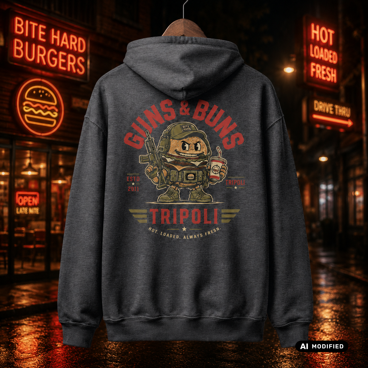 EU AI label - "Guns & Buns Tripoli"  Premium Hoodie