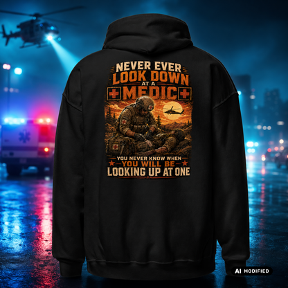 EU AI label - "Never look down on a Medic" Premium Hoodie