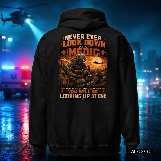 EU AI label - "Never look down on a Medic" Premium Hoodie