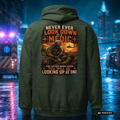 EU AI label - "Never look down on a Medic" Premium Hoodie